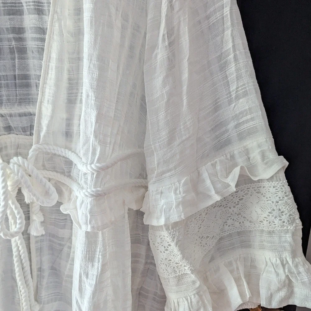 White Gauze Kimono Duster Ruffle Lace‎ Rope Tie Sz 3X Longline Fairy Resortwear
